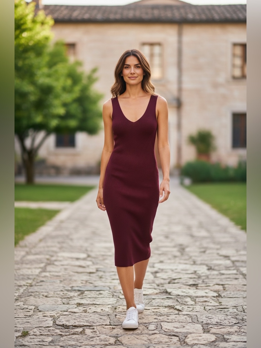 Women’s Michael Kors Sleeveless V-Ribbed Midi Dress - Picture 7 of 8